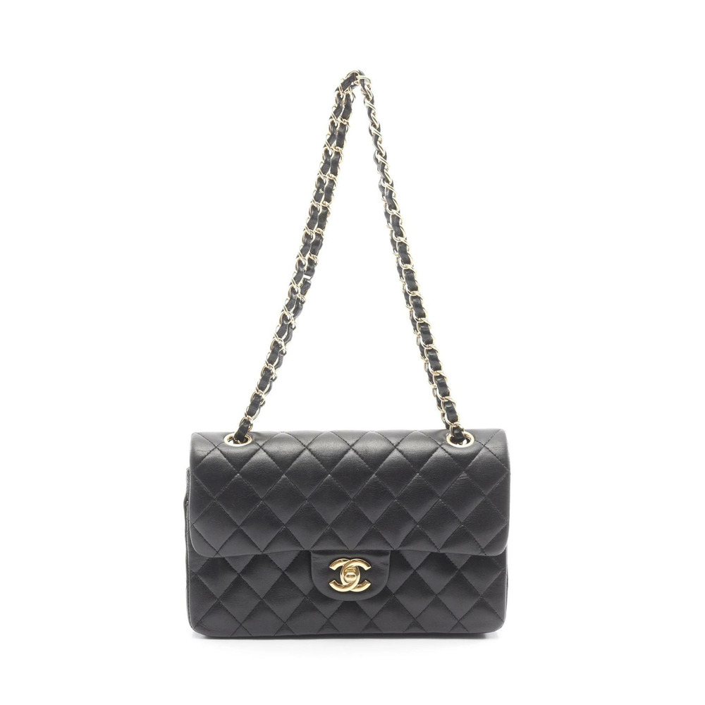 Chanel Matelasse Double Flap Shoulder Bag Lambskin Sheepskin Black